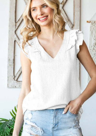 White Ladies V-Neck Ruffled Shoulder Sleeveless Top Stretchy Crinkled Material | Made in USA | Classy Cozy Cool Women's Made in America Boutique