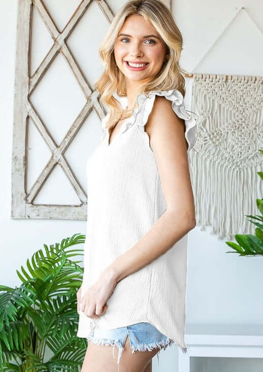 White Ladies V-Neck Ruffled Shoulder Sleeveless Top Stretchy Crinkled Material | Made in USA | Classy Cozy Cool Women's Made in America Boutique