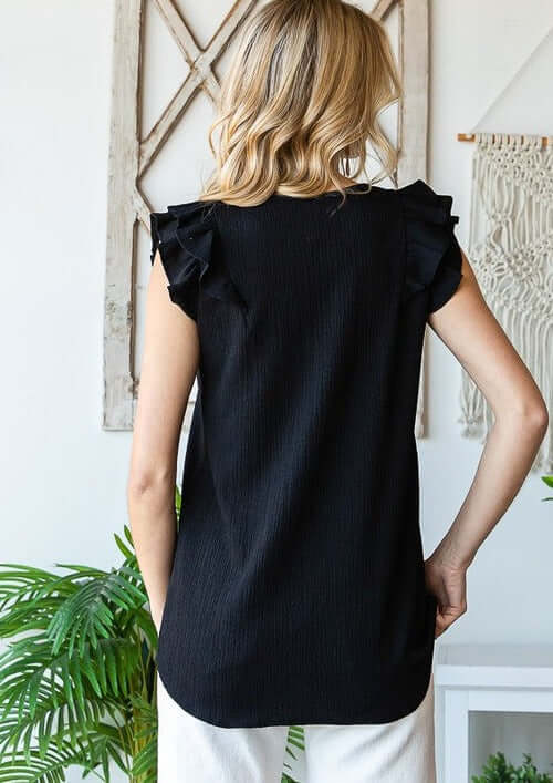 Black Ladies V-Neck Ruffled Shoulder Sleeveless Top Stretchy Crinkled Material | Made in USA | Classy Cozy Cool Women's Made in America Boutique