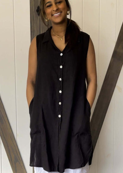 USA Made 100% Linen Ladies Sleeveless Black Button Down Collared Tunic with Pockets  | Match Point Style HLT680 | Classy Cozy Cool Women's Made in America Boutique