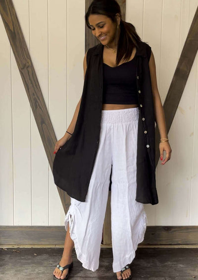 USA Made 100% Linen Ladies Sleeveless Black Button Down Collared Tunic with Pockets  | Match Point Style HLT680 | Classy Cozy Cool Women's Made in America Boutique