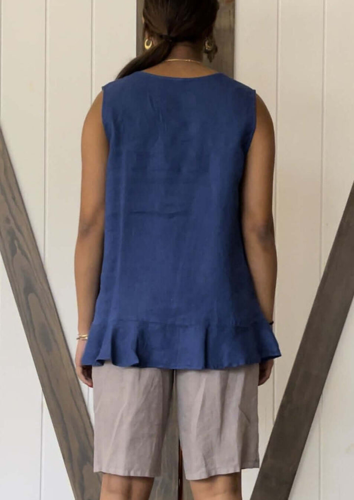 USA Made 100% Linen French Blue Ladies Sleeveless Tunic with Flounce Ruffle Hem | Match Point Style HLT560 | Classy Cozy Cool Women's Made in America Boutique