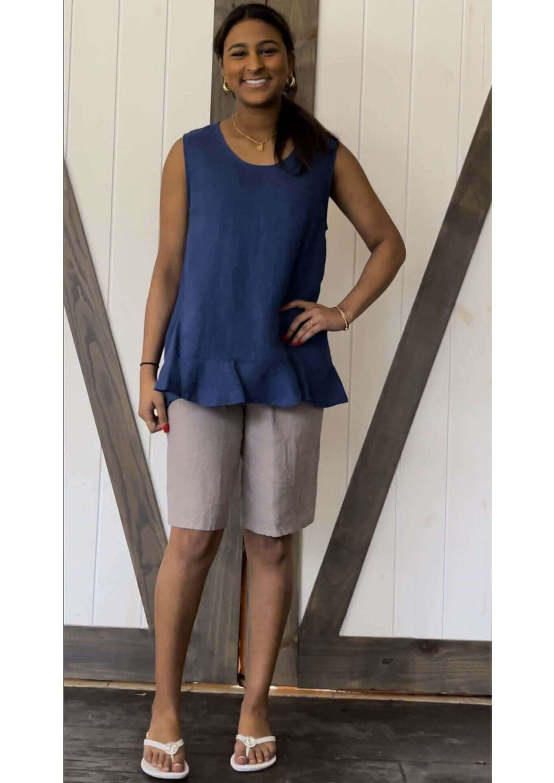 USA Made 100% Linen French Blue Ladies Sleeveless Tunic with Flounce Ruffle Hem | Match Point Style HLT560 | Classy Cozy Cool Women's Made in America Boutique