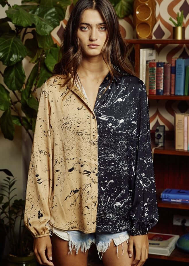 Made in USA | Brand: Bucket List | Half & Half Color Block Splatter Black & Tan Design Dressy Button Down Blouse | Style # T1540 | Classy Cozy Cool Women’s Clothing Boutique