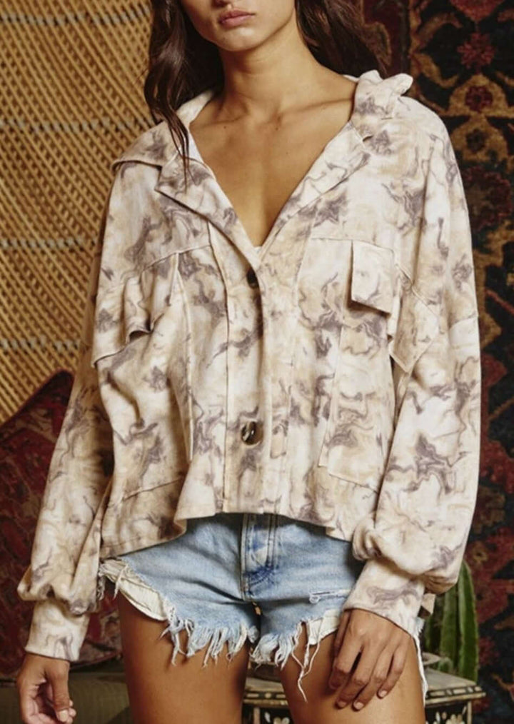 Brand: Bucket List | Ladies Taupe & Off White Soft Brushed Tie Dye Shirt Jacket with Oversized Front Utility Pockets | Style# T1220 | Made in USA