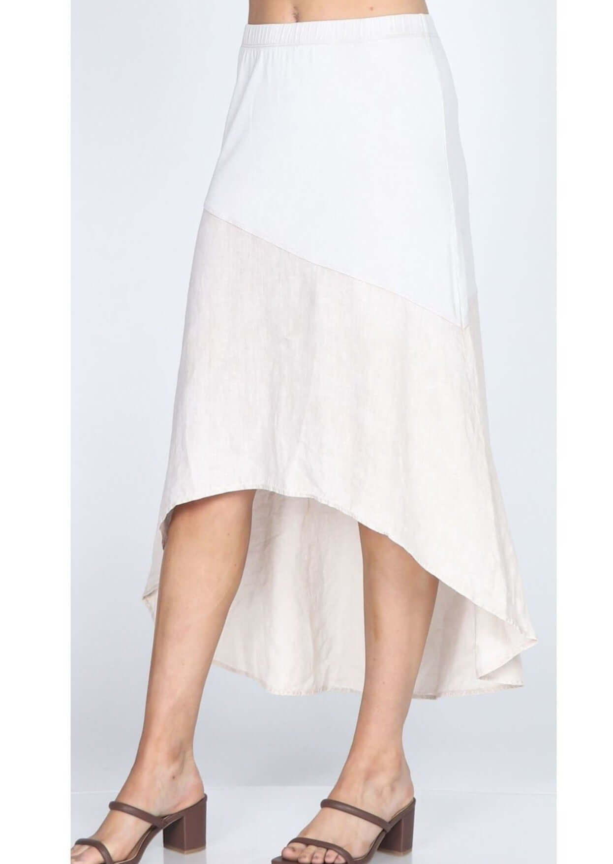 M. Rena Ladies Luxury Linen Hi-Lo French Terry Casual Skirt Available in Dark Denim & Bone | Made in USA | Women's American Made Natural Fabric Clothing  | Color: Bone