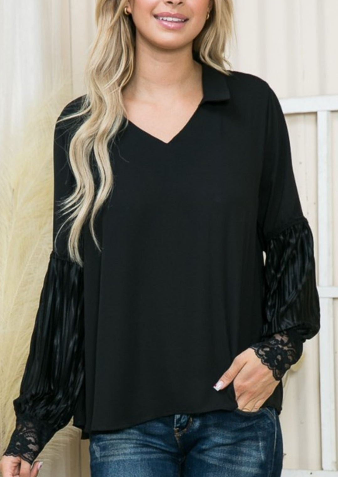 USA Made Ladies Black V-Neck Loose Fit Collared Blouse with Pleated Sleeves & Lace Cuffs | Classy Cozy Cool Women's American Made Boutique