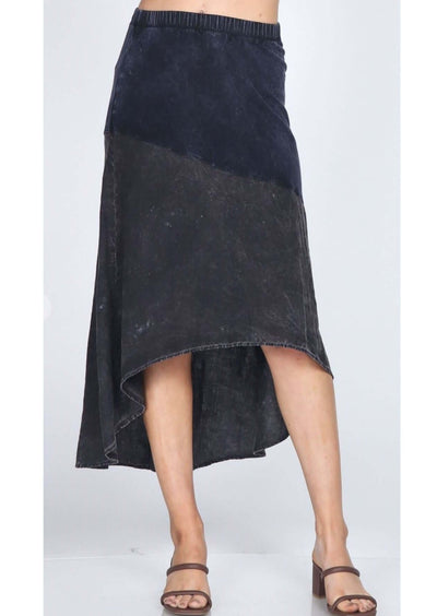 M. Rena Ladies Luxury Linen Hi-Lo French Terry Casual Skirt Available in Dark Denim & Bone | Made in USA | Women's American Made Natural Fabric Clothing | Color: Dark Denim