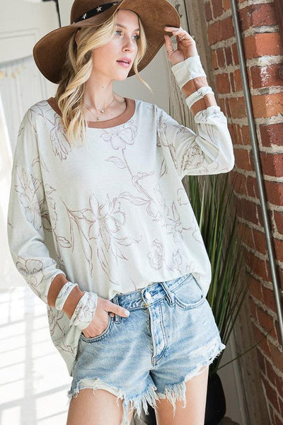 Bucket List Style T1100 | Ladies Relaxed Fit Floral Top | Made in USA |  Lightweight Relaxed Casual Fit Colors: Seashell & Camel | Made in America