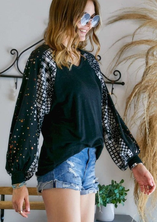 Ladies V-Neck Puff Sleeve Embellished Long Sleeve Black Relaxed Fit Top with Black & White Houndstooth and Metallic Star Detail on Sleeves | Made in USA