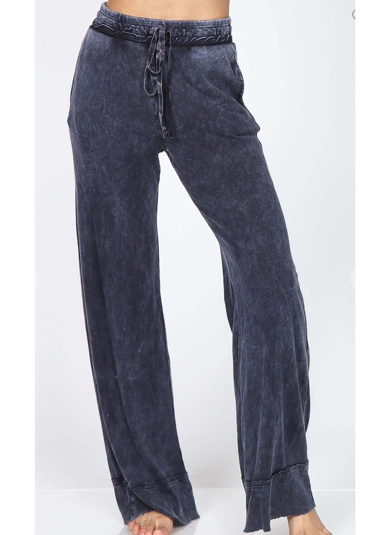 USA Made M. Rena Style# S4870  Ladies Mineral Washed Wide Leg Flare Bottom Raw Edge Pants | Cotton & Modal Soft Fabric | Clothing Made in America | Color: Dark Denim