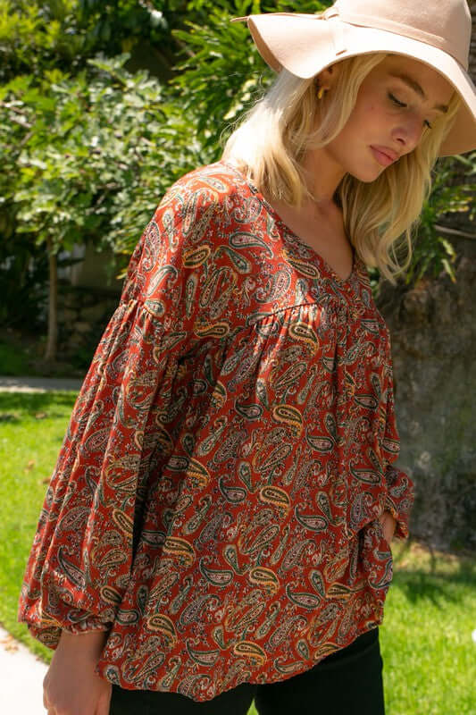 Ladies Plus Size Terracotta Paisley Print Loose Fit Baby Doll Top with Double V-Neck & Bubble Sleeves | Made in USA | Classy Cozy Cool Boutique
