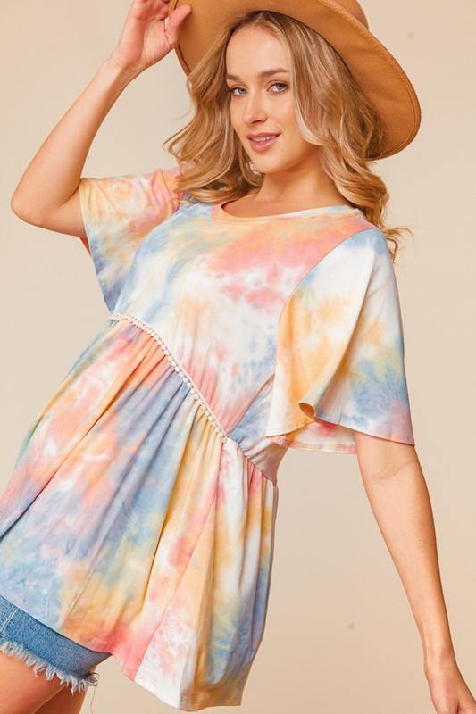 Brand: Haptics - TIE DYE BABY DOLL FLUTTER RUFFLE SLEEVE -  beach, Beach Wear, Best Dressed, Blouse, BoHo, Clothes, Featured, made in usa, Plus, Shirt, soft, Spring, Summer, vacation, Women, Women's Clothing - Classy Cozy Cool Boutique