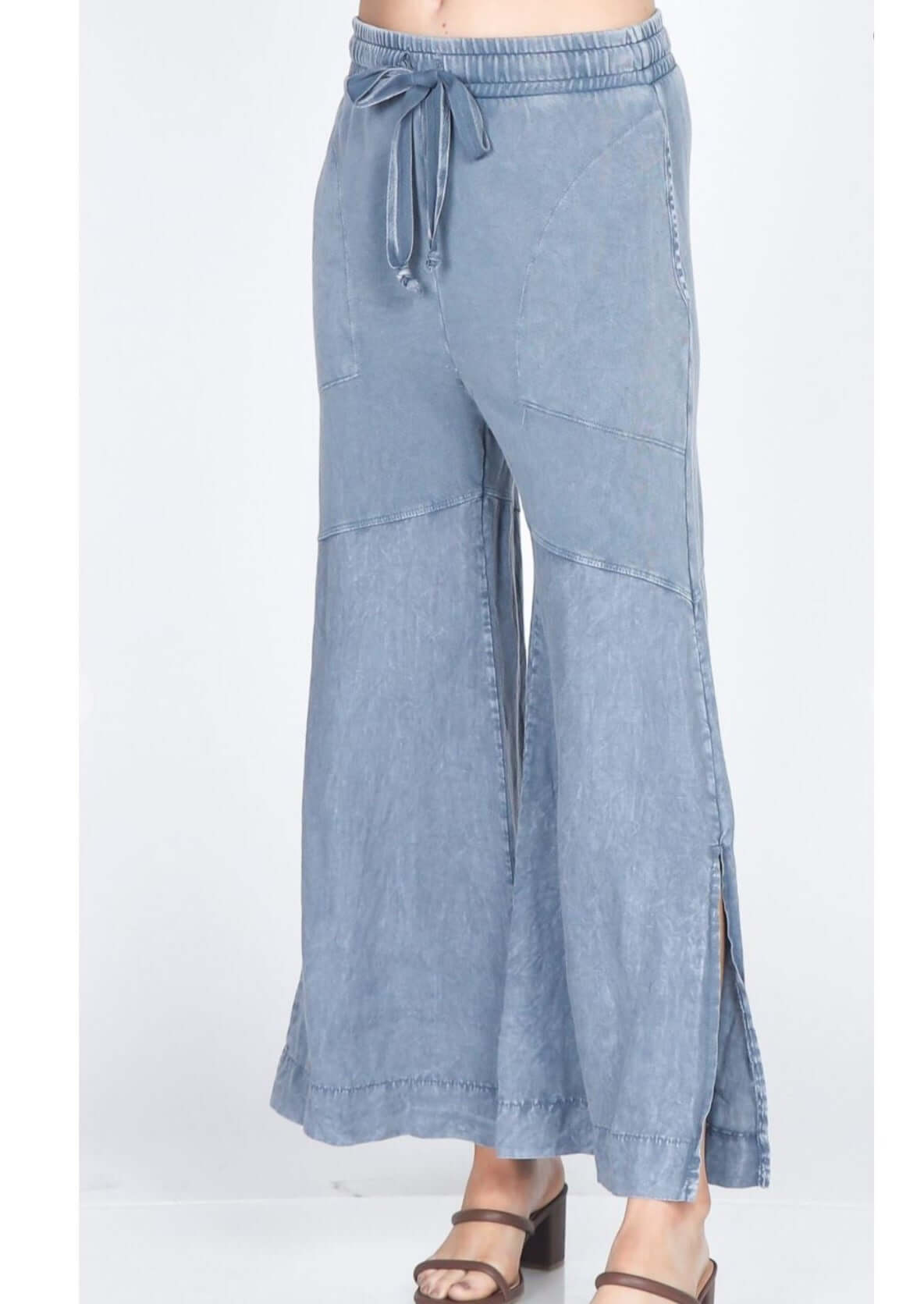 M. Rena Style# S4979 Ladies Luxury Cotton and Linen Wide Leg Terry Lounge Pants | Made in USA | Women's Fine Clothing Made in America | Color: Light Denim