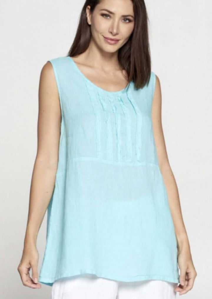 USA Made 100% Linen Ladies Sleeveless Aqua Blue Green Top with Frayed Detail & V-Neck | Match Point Style HLT704 | Classy Cozy Cool Women's Made in America Boutique
