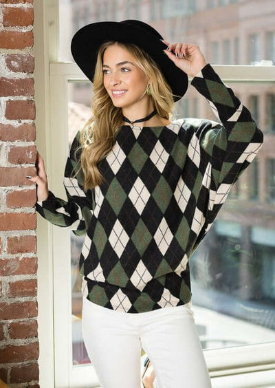 USA Made Ladies Hunter Green Argyle Print Dolman Sleeve Hacci Top | Classy Cozy Cool Women's American Made Clothing Boutique 