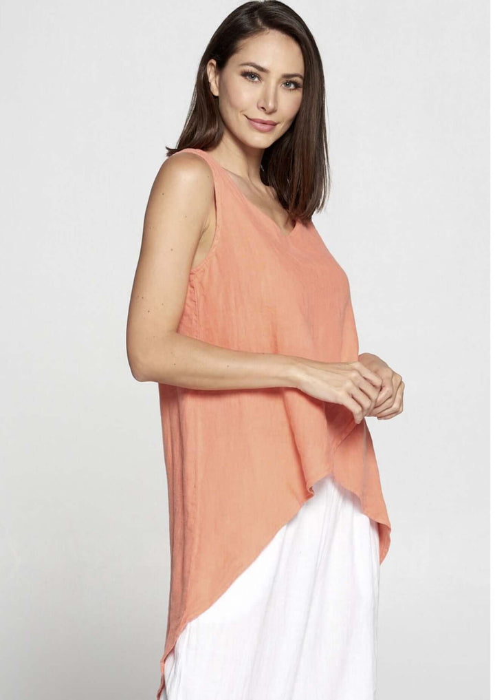 USA Made 100% Linen Ladies Sleeveless Coral High Low Hem V-Neck Tunic Top | Match Point Style PLT2165 | Classy Cozy Cool Women's Made in America Boutique