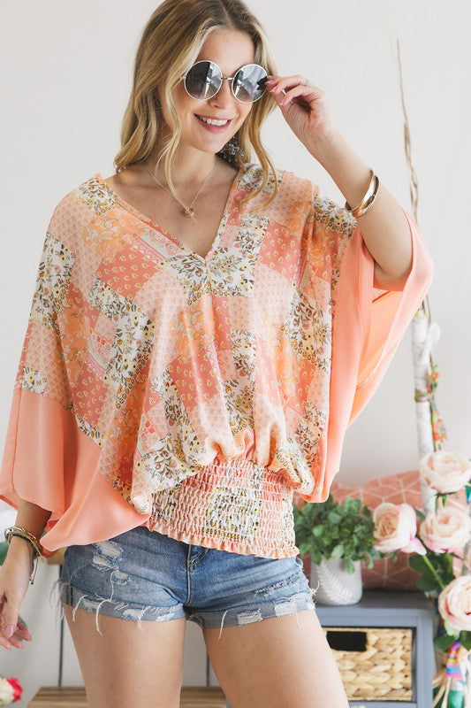 USA Made Ladies Peach Floral Patchwork Dolman Sleeve Top with Smocked Hem | Brand: Adora Style# AT16136A | Classy Cozy Cool Women's American Boutique