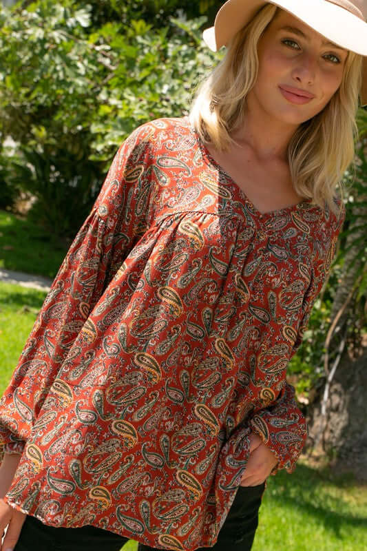 Ladies Plus Size Terracotta Paisley Print Loose Fit Baby Doll Top with Double V-Neck & Bubble Sleeves | Made in USA | Classy Cozy Cool Boutique