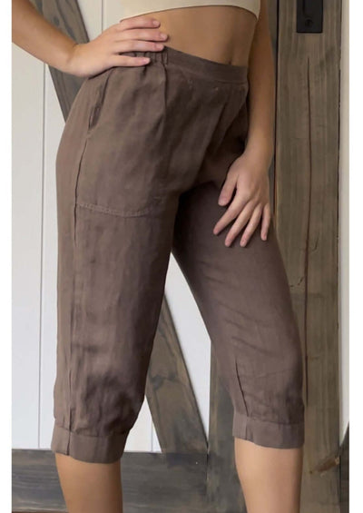 USA Made 100% Linen Ladies Mocha Capri Pants with Pockets | Match Point Style PLP2148 | Classy Cozy Cool Women's Made in America Boutique