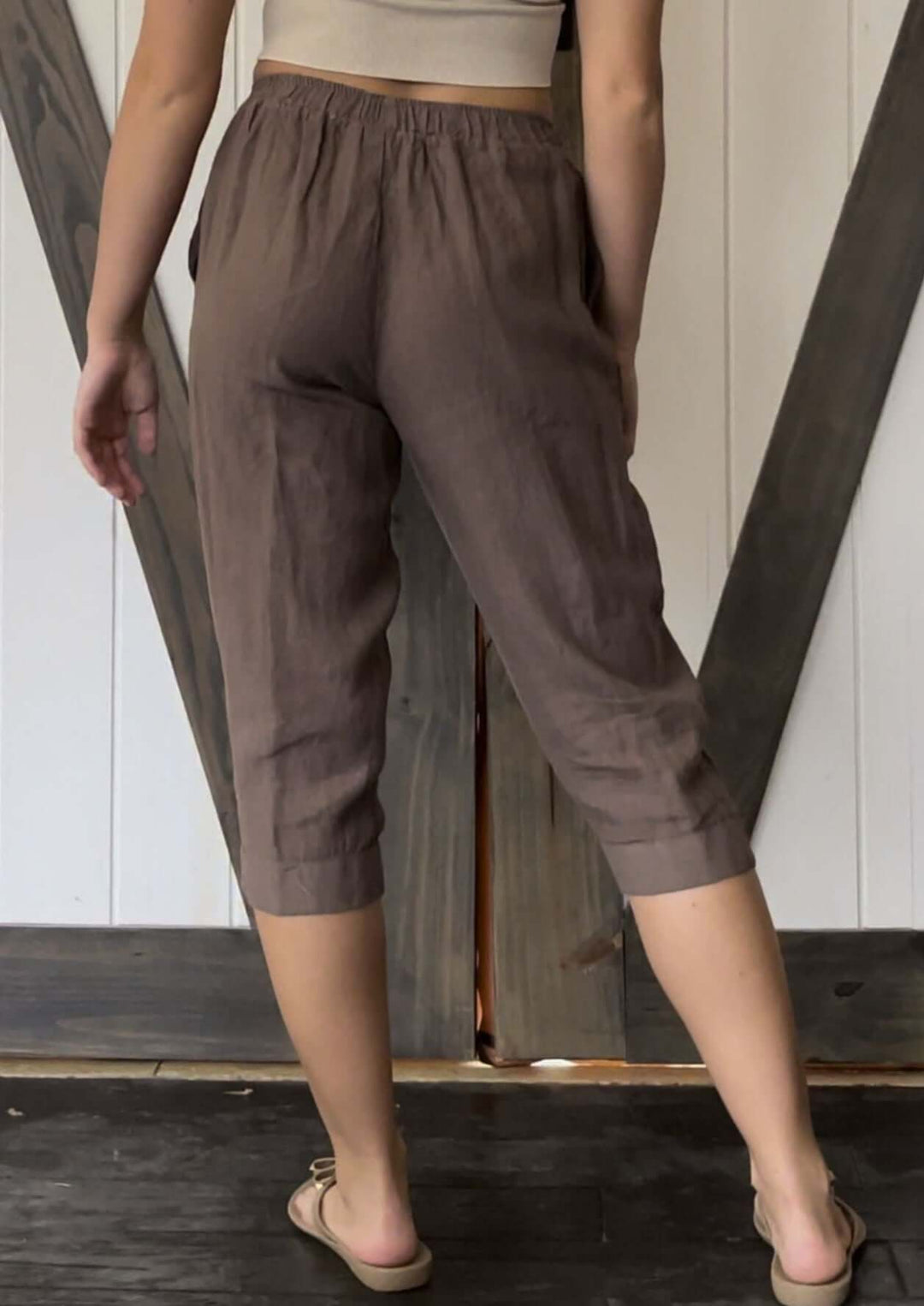 USA Made 100% Linen Ladies Mocha Capri Pants with Pockets | Match Point Style PLP2148 | Classy Cozy Cool Women's Made in America Boutique