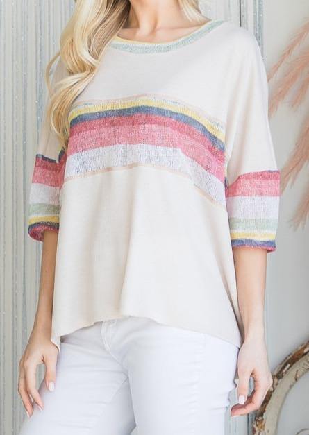 Brand: Hopely - Textured Oversized Stripe Contrast Boxy Top -  Blouse, Boat Neck, Boxy Top, Clothes, Cream, Dolman Sleeve, Featured, Gauze, Lounge, Loungewear, made in usa, Pink, Shirt, Spring, Summer, Wardrobe Essentials, Women - Classy Cozy Cool Boutique
