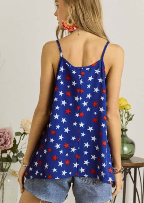 Ladies Simple Spaghetti Strap A-Shape Tank Top in Royal Blue with Red & White Stars Patriotic Print for 4th of July | Made in USA | Classy Cozy Cool Women's Made in America Boutique