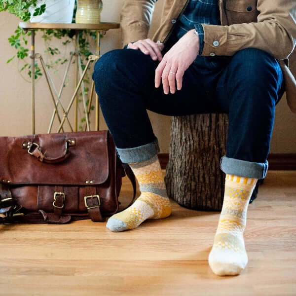 Solmate NORTHERN SUN Knitted Crew Socks Proudly Made USA | These socks are delightfully mismatched & so very comfortable.  Classy Cozy Cool Women's Boutique.