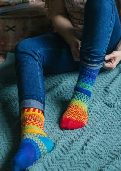 Solmate RAINBOW Knitted Crew Socks Proudly Made USA | These socks are delightfully mismatched & so very comfortable.  Classy Cozy Cool Women's Boutique.