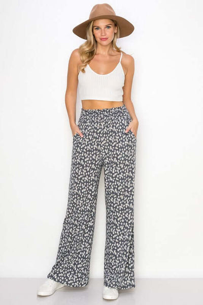USA Made Ladies Smocked Waist Floral Relaxed Fit Super Soft Casual Pants in Grey or Rust with Off White Floral Pattern | Made in America Women's Boutique