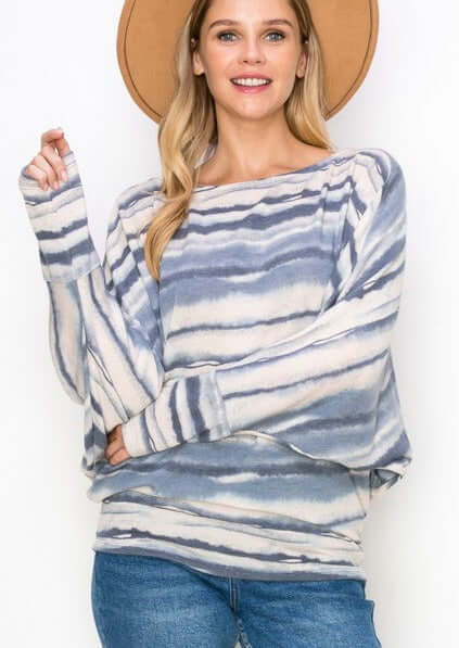 USA Made Ladies Tie Dye Horizontal Striped Hacci Top in Shades of Blue with Dolman Sleeves | Classy Cozy Cool Women's American Made Clothing Boutique 