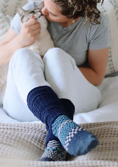 Solmate CERULEAN Knitted Fusion Slouch Socks | Made in USA | These socks are delightfully mismatched & so very comfortable.  American Made Women's Boutique.