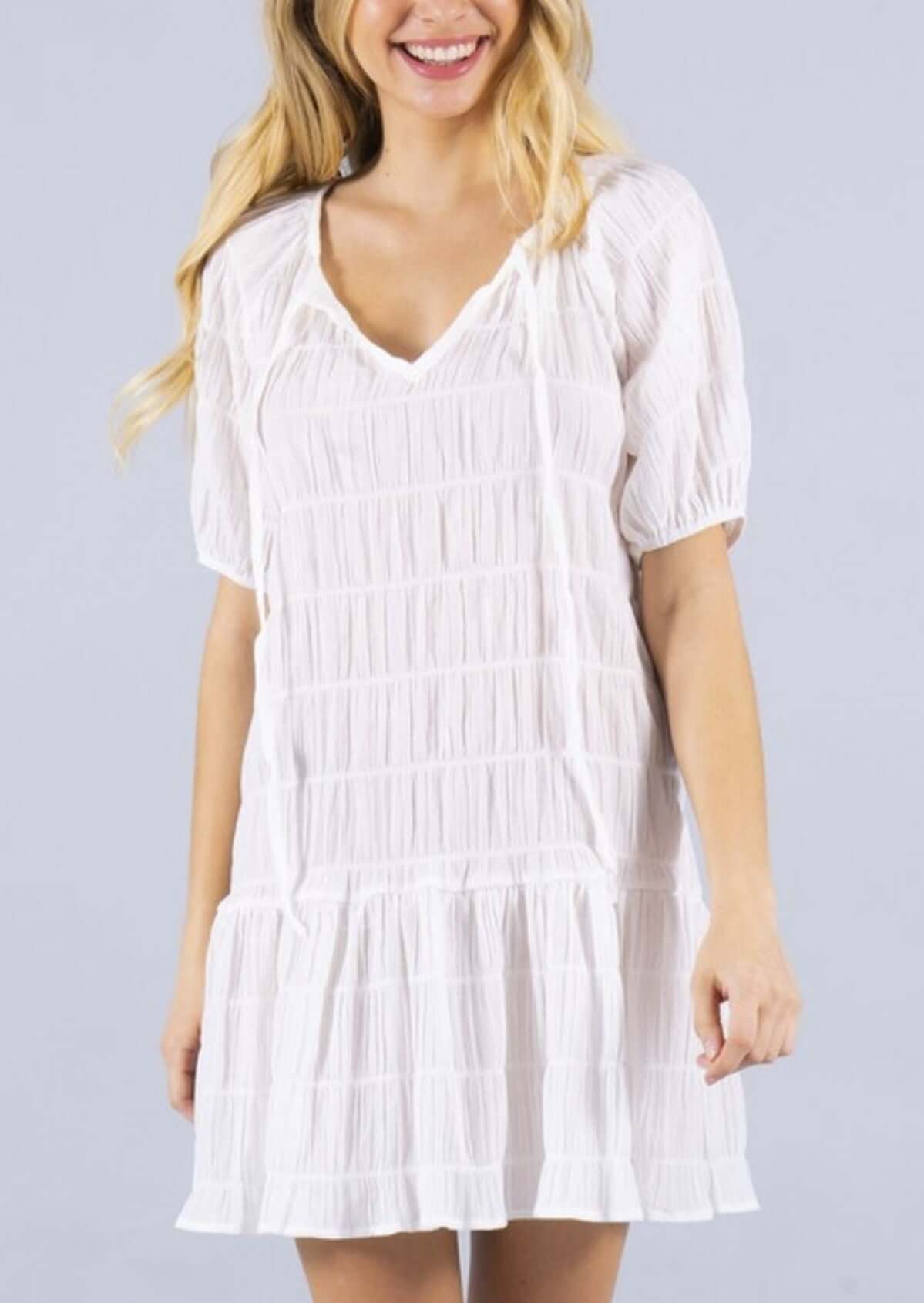 Renee C White Cotton Gauze Crinkled Beach Cover Up Tunic Dress Style 4127DR | Made in USA | Classy Cozy Cool Women's Made in America Clothing Boutique