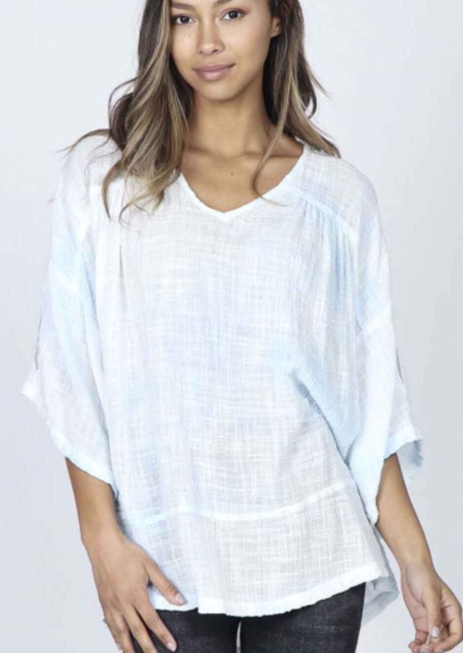 M. Rena Ladies Comfy Cotton Blend V-Neck Gauze Top Made in USA with the finest quality fabrics | Light Blue & White Tie Dye | Women's Made in America Boutique