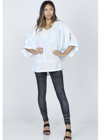 M. Rena Ladies Comfy Cotton Blend V-Neck Gauze Top Made in USA with the finest quality fabrics | Light Blue & White Tie Dye | Women's Made in America Boutique