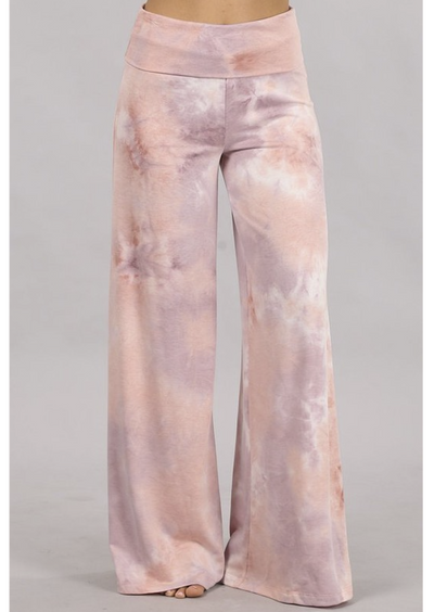 USA Made Lilac & Mauve Casual Tie Dye Palazzo Pants.  Soft and comfortable design with a stretchy wide fold over waistband for all day comfort. Brand: Chatoyant | Classy Cozy Cool Women's Clothing Boutique