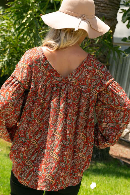 Ladies Plus Size Terracotta Paisley Print Loose Fit Baby Doll Top with Double V-Neck & Bubble Sleeves | Made in USA | Classy Cozy Cool Boutique