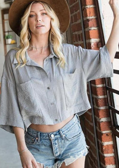 Silver Button Down Collared Short Sleeve Cropped Top by Bucket List | Style# T1377 | Made in the USA | Classy Cozy Cool Women’s Clothing Boutique