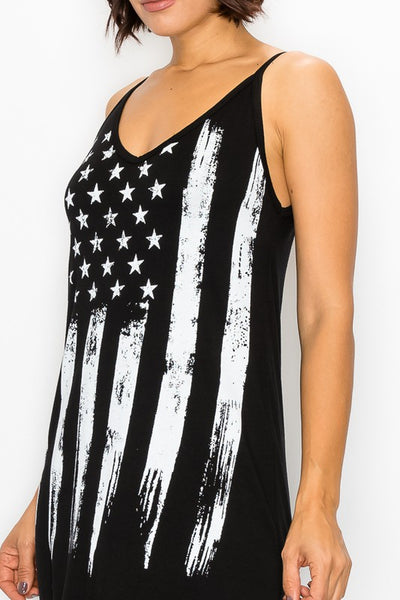 T-Party Black & White American Flag Strappy Mini Dress or Tunic Top | Made in USA | Classy Cozy Cool Women's American Clothing Boutique