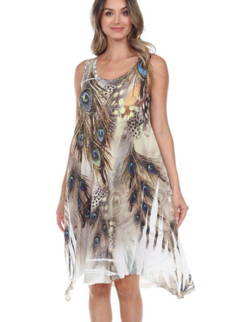 Peacock Feather Design Sleeveless Vacation Dress | Rhinestone Embellished Tank Dress with Asymmetrical Hemline | Made in USA | Classy Cozy Cool Women's Clothing Boutique