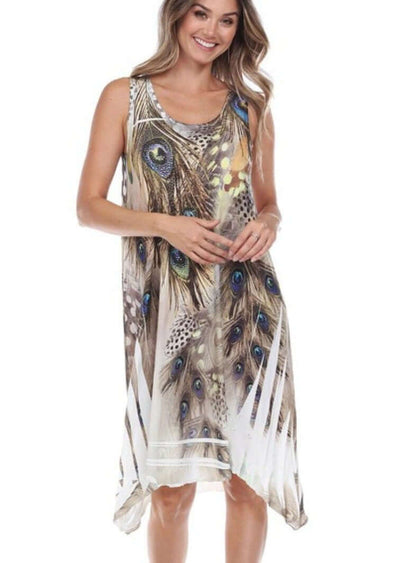 Made in USA | Peacock Design | Sleeveless Vacation Dress | Rhinestone Embellished Tank Dress with Asymmetrical Hemline | Made in USA | Classy Cozy Cool Women's Clothing Boutique