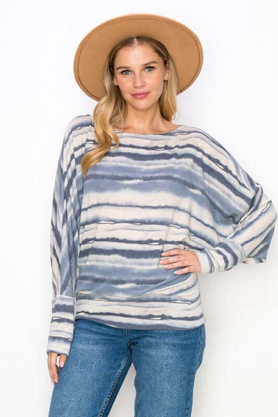USA Made Ladies Tie Dye Horizontal Striped Hacci Top in Shades of Blue with Dolman Sleeves | Classy Cozy Cool Women's American Made Clothing Boutique 