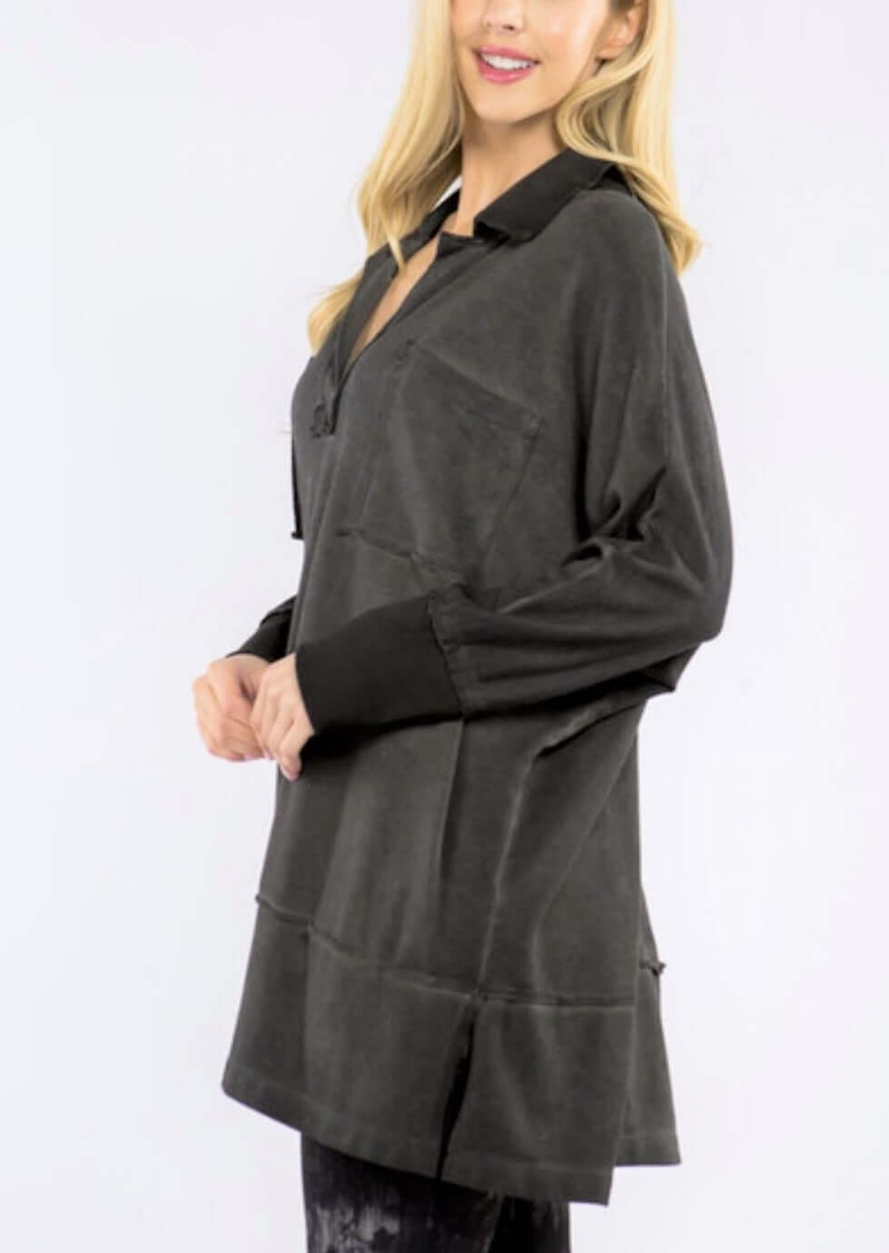USA Made Ladies Oil Washed Premium French Terry Tunic with Front Pocket in Charcoal Gray Color |  M. Rena Style# S5037 | Women's Made in America Clothing