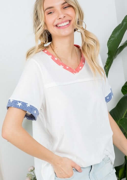 Made in USA Ladies Patriotic White V-Neck Stars Detail Essential Tee for 4th of July | Classy Cozy Cool Women's Made in America Clothing Boutique