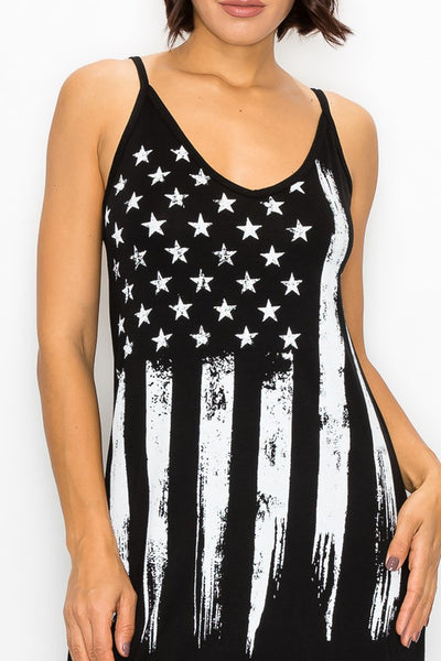 T-Party Black & White American Flag Strappy Mini Dress or Tunic Top | Made in USA | Classy Cozy Cool Women's American Clothing Boutique