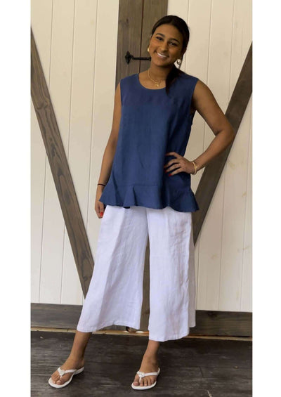 USA Made 100% Linen Ladies White Gaucho Pants with Smocked Waist and Pockets | Match Point Style PLP2111 | Classy Cozy Cool Women's Made in America Boutique