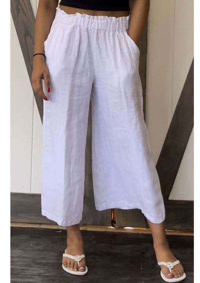 USA Made 100% Linen Ladies White Gaucho Pants with Smocked Waist and Pockets | Match Point Style PLP2111 | Classy Cozy Cool Women's Made in America Boutique
