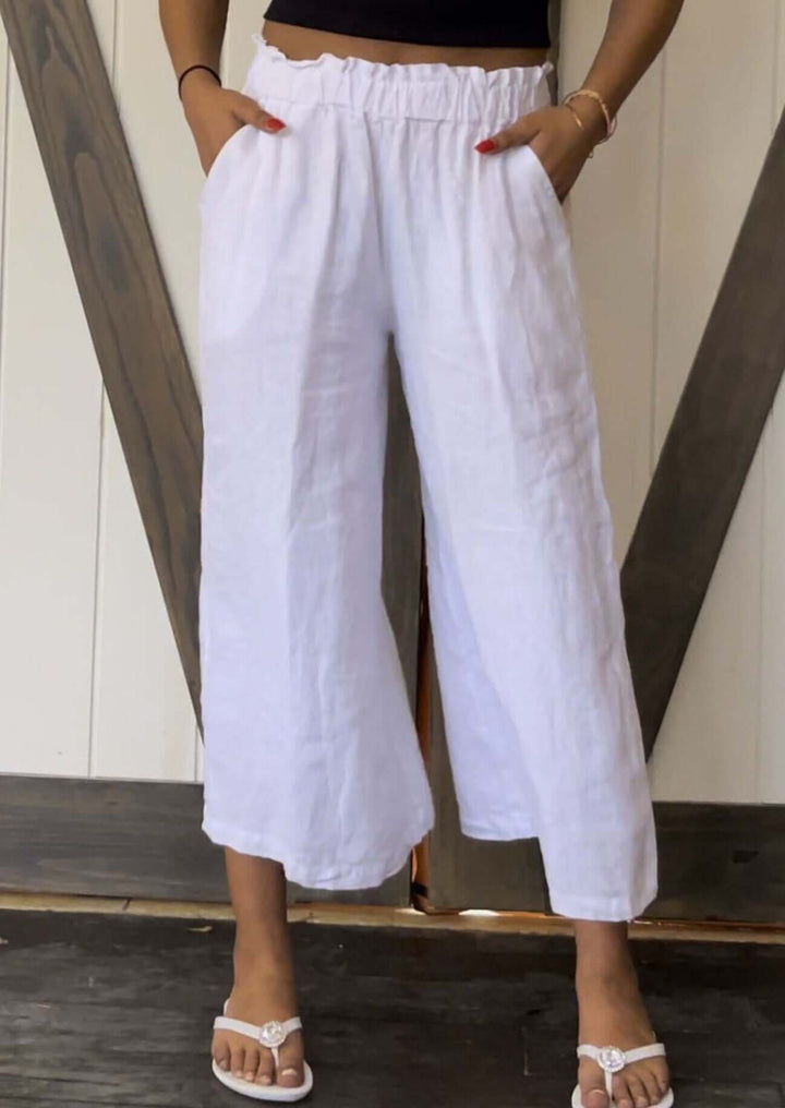 USA Made 100% Linen Ladies White Gaucho Pants with Smocked Waist and Pockets | Match Point Style PLP2111 | Classy Cozy Cool Women's Made in America Boutique