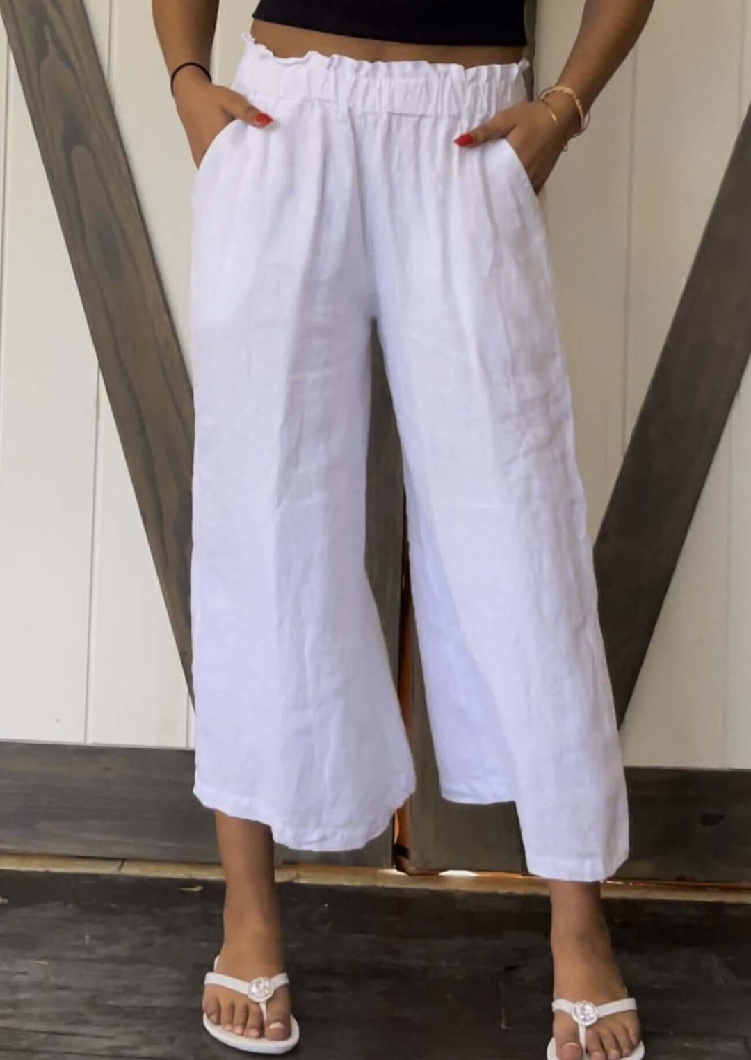Ladies White Linen High Waist Gaucho Pants Made in USA
