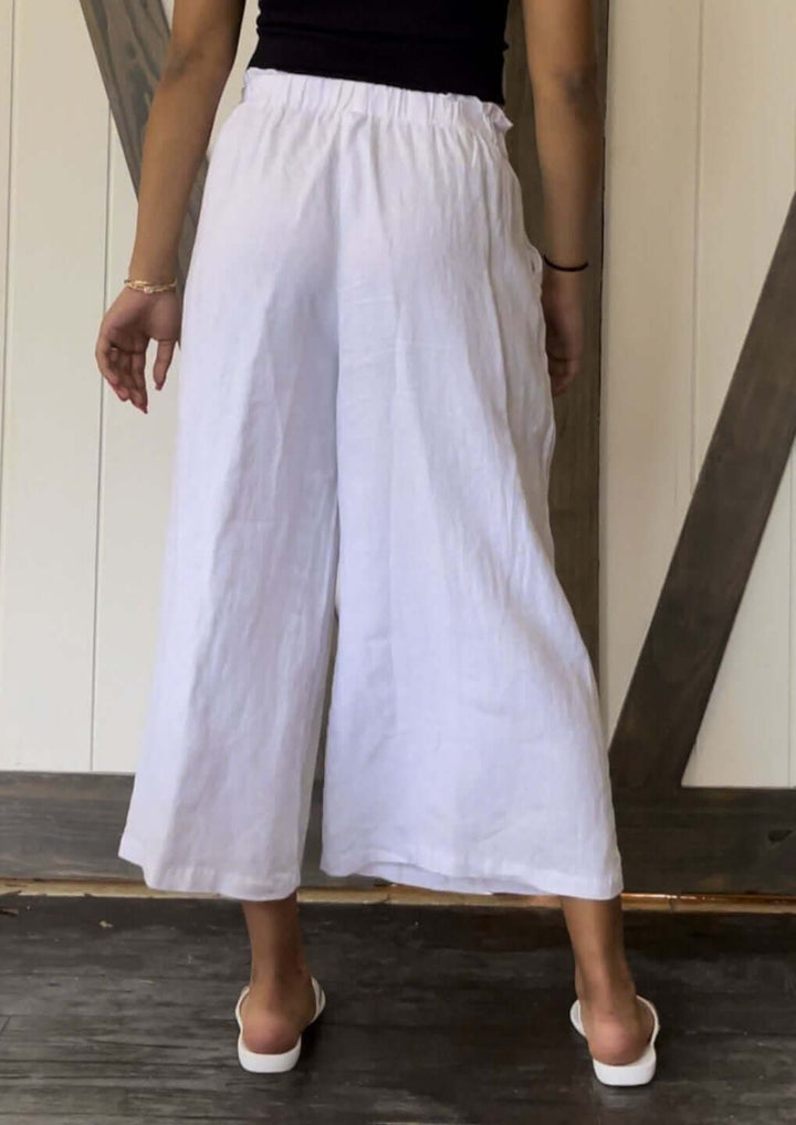 USA Made 100% Linen Ladies White Gaucho Pants with Smocked Waist and Pockets | Match Point Style PLP2111 | Classy Cozy Cool Women's Made in America Boutique